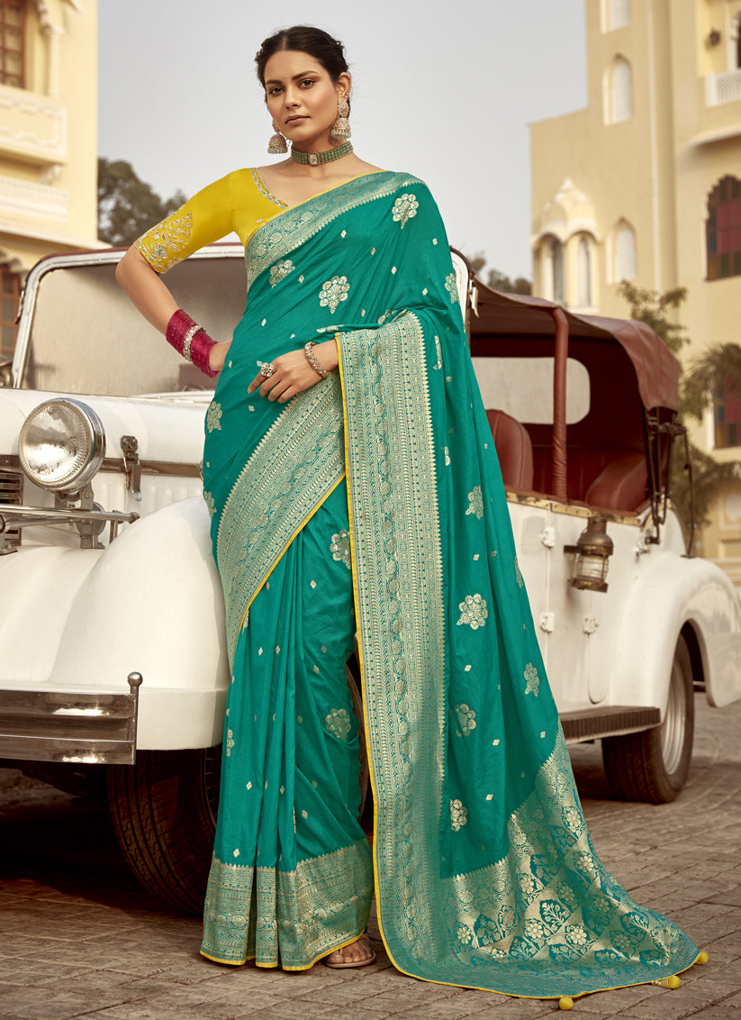 Teal Green Dola Silk Wedding Saree with Embroidered Blouse