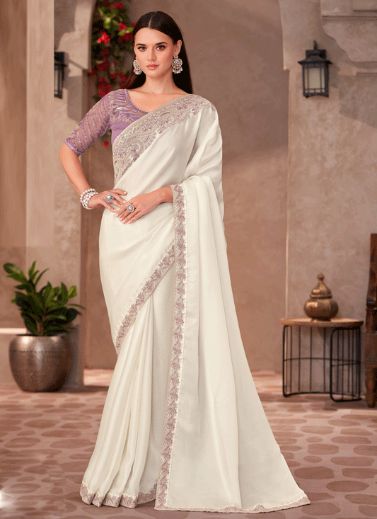 Dashing Pearl White Shining Georgette Heavy Designer Saree