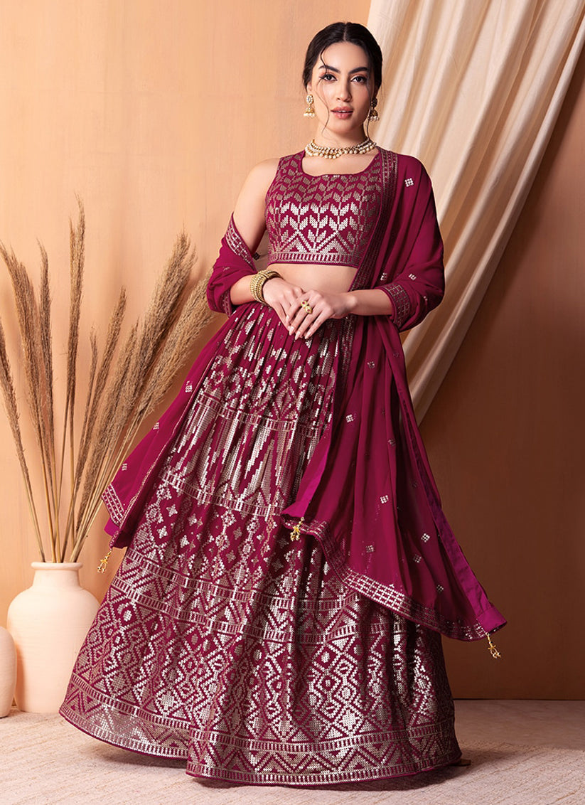 wine georgette sequins embroidered lehenga choli