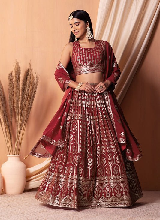 maroon georgette sequins embroidered lehenga choli