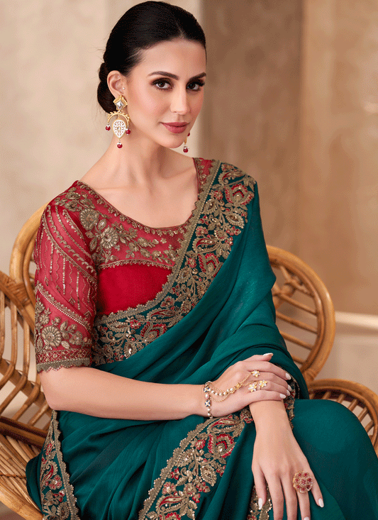 Voguish Teal Green Chiffon Heavy Designer Saree