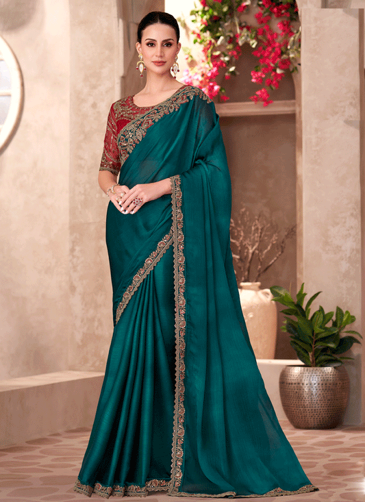 Voguish Teal Green Chiffon Heavy Designer Saree