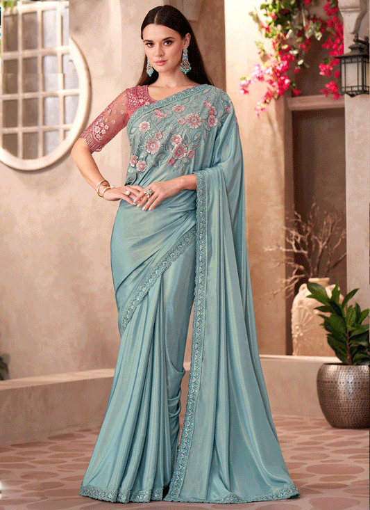 Trendsetting Mint Blue Crepe Heavy Designer Saree