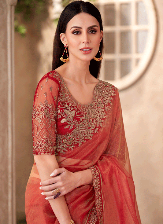Immaculate Orange Tissue Heavy Designer Saree