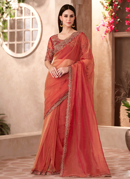 Immaculate Orange Tissue Heavy Designer Saree