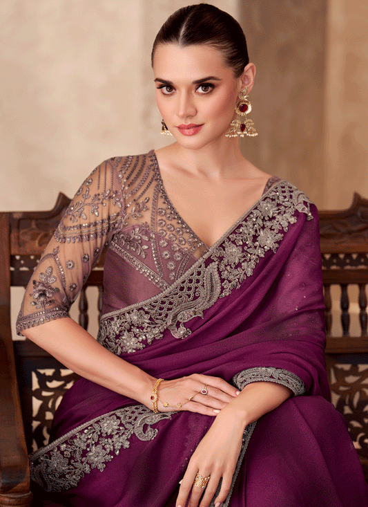 Beautiful Wine Chiffon Heavy Designer Saree