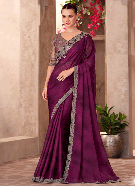 Beautiful Wine Chiffon Heavy Designer Saree