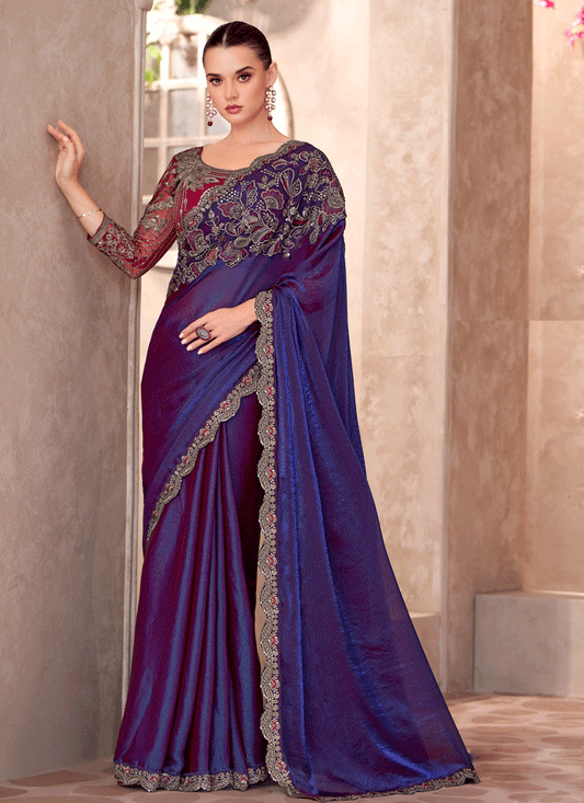 Attractive Indigo Blue Satin Georgette Heavy Designer Saree