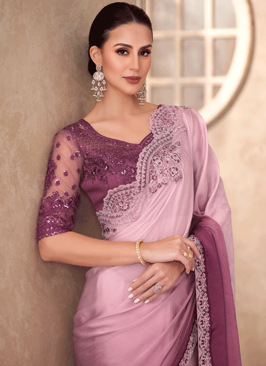 Stylish Onion Pink Chiffon Shaded Heavy Designer Saree