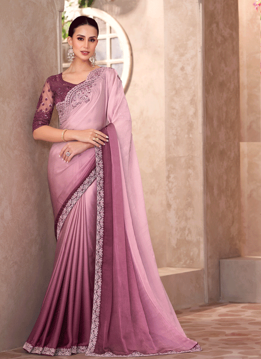 Stylish Onion Pink Chiffon Shaded Heavy Designer Saree