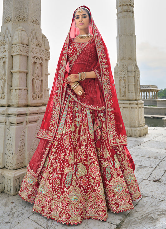 Crimson Red Silk Embroidered Bridal Lehenga Choli
