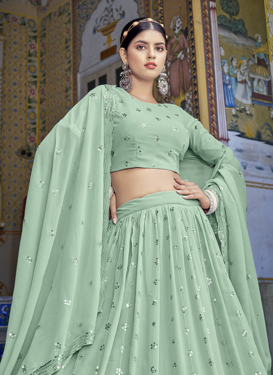 Dashing Pista Green Georgette Sequins Designer Lehenga Choli