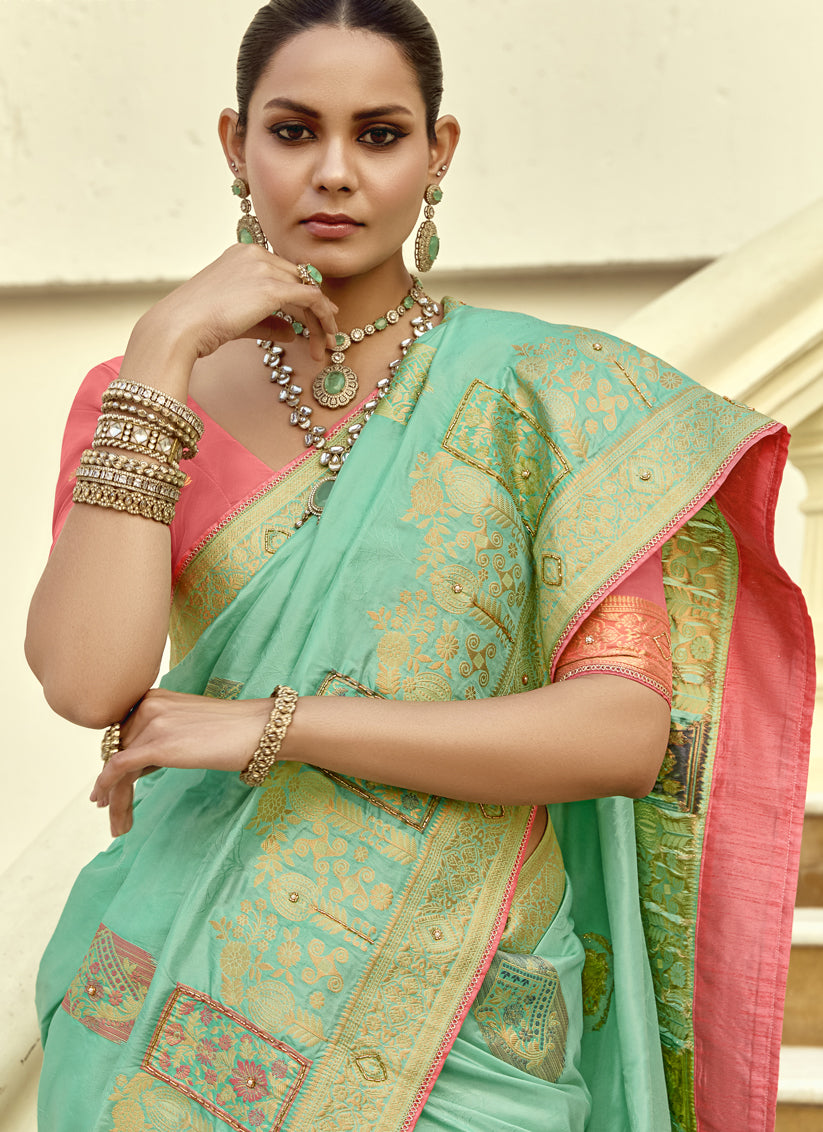 Charismatic Turquoise Dola Silk Handwork Wedding Saree