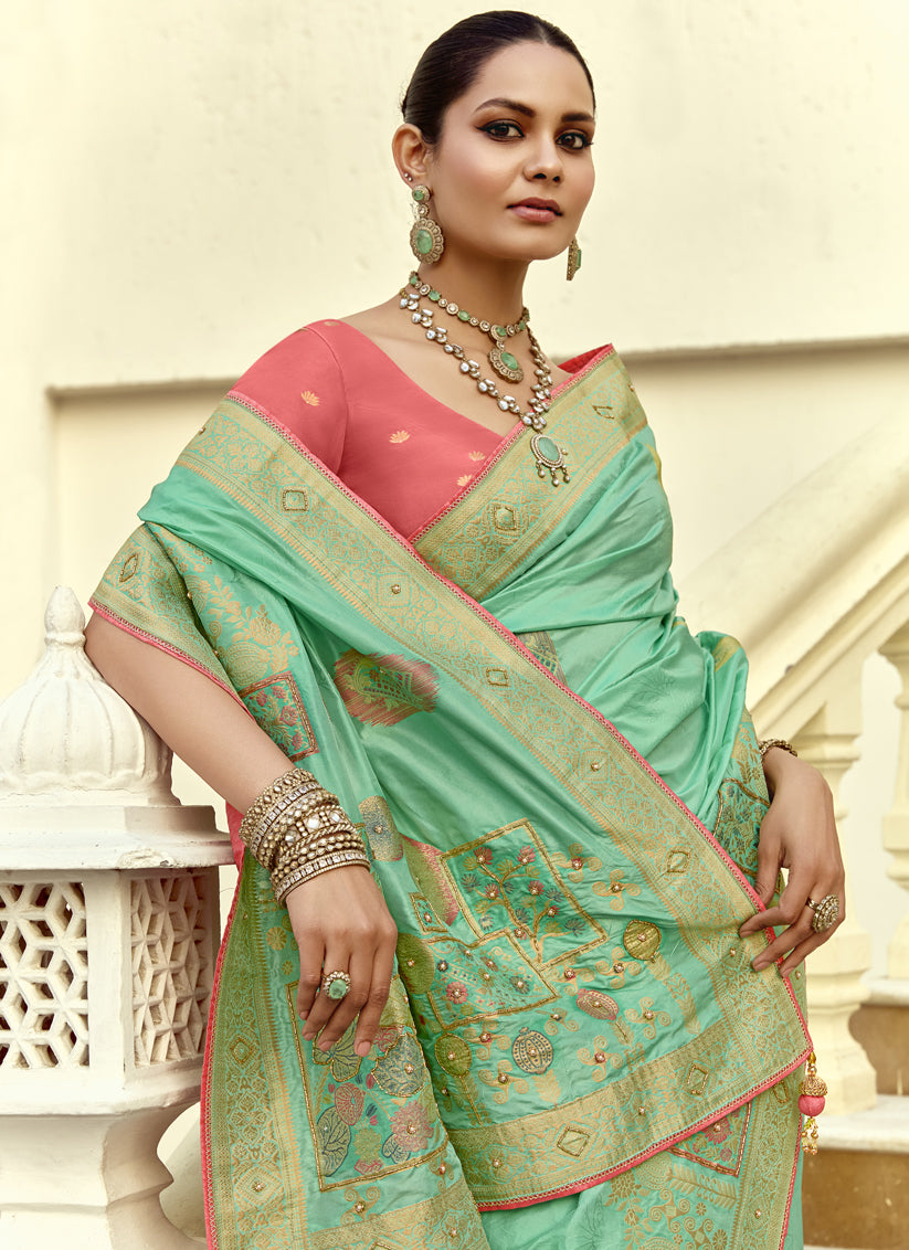 Charismatic Turquoise Dola Silk Handwork Wedding Saree