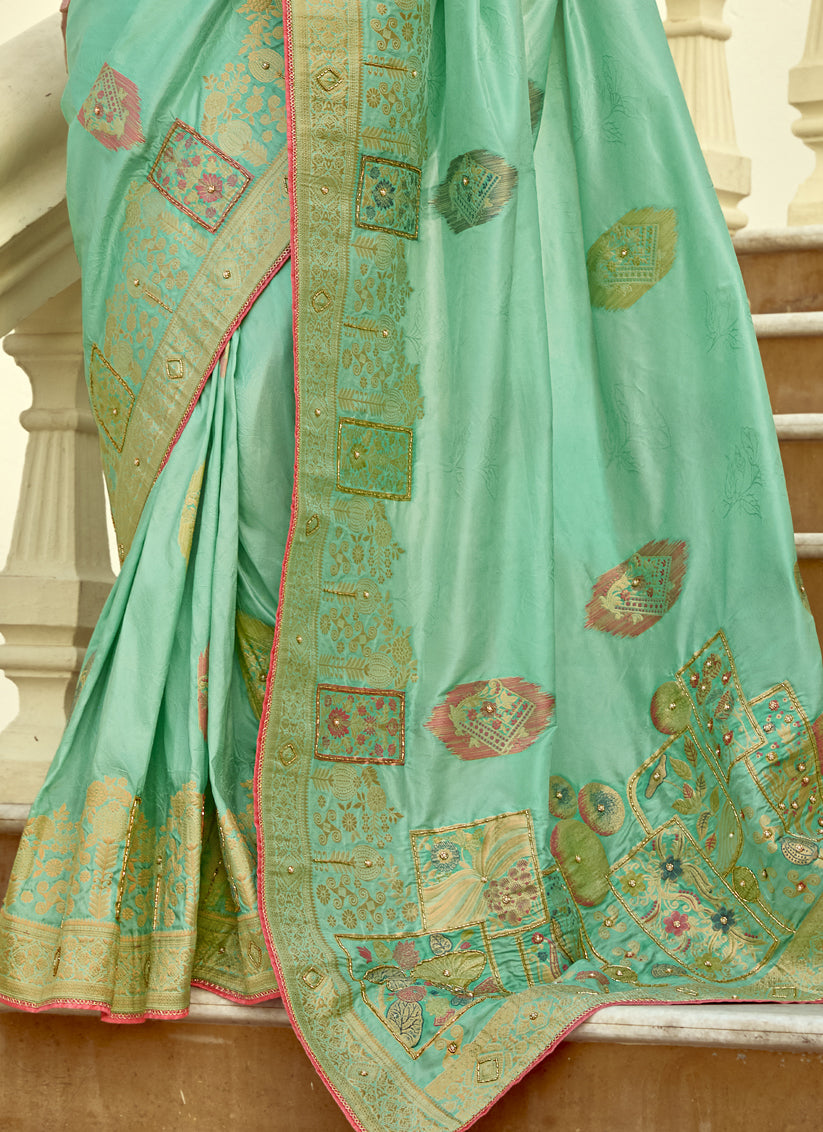 Charismatic Turquoise Dola Silk Handwork Wedding Saree