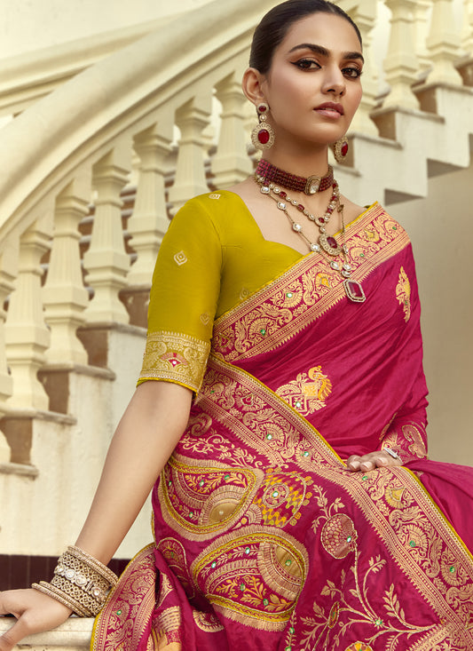 Fabulous Rani Pink Dola Silk Handwork Wedding Saree