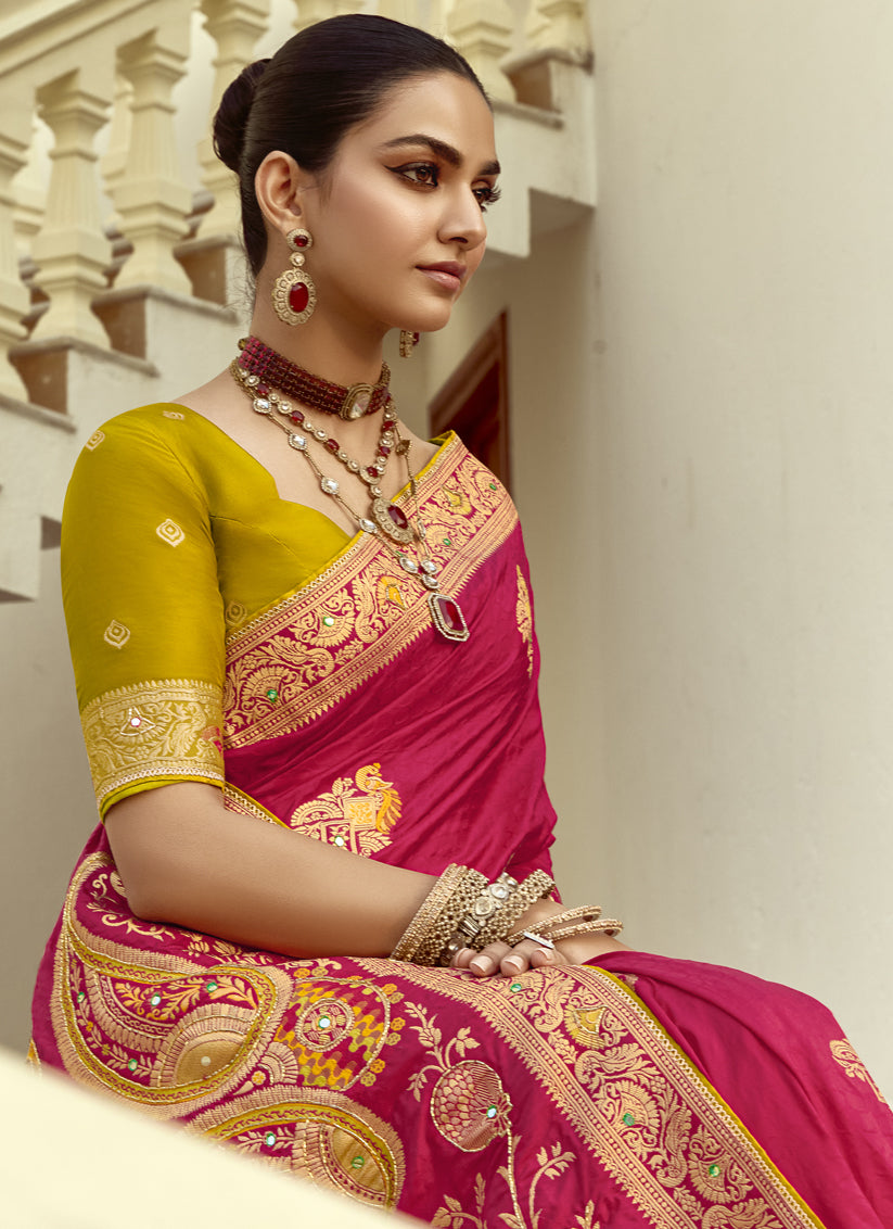 Fabulous Rani Pink Dola Silk Handwork Wedding Saree