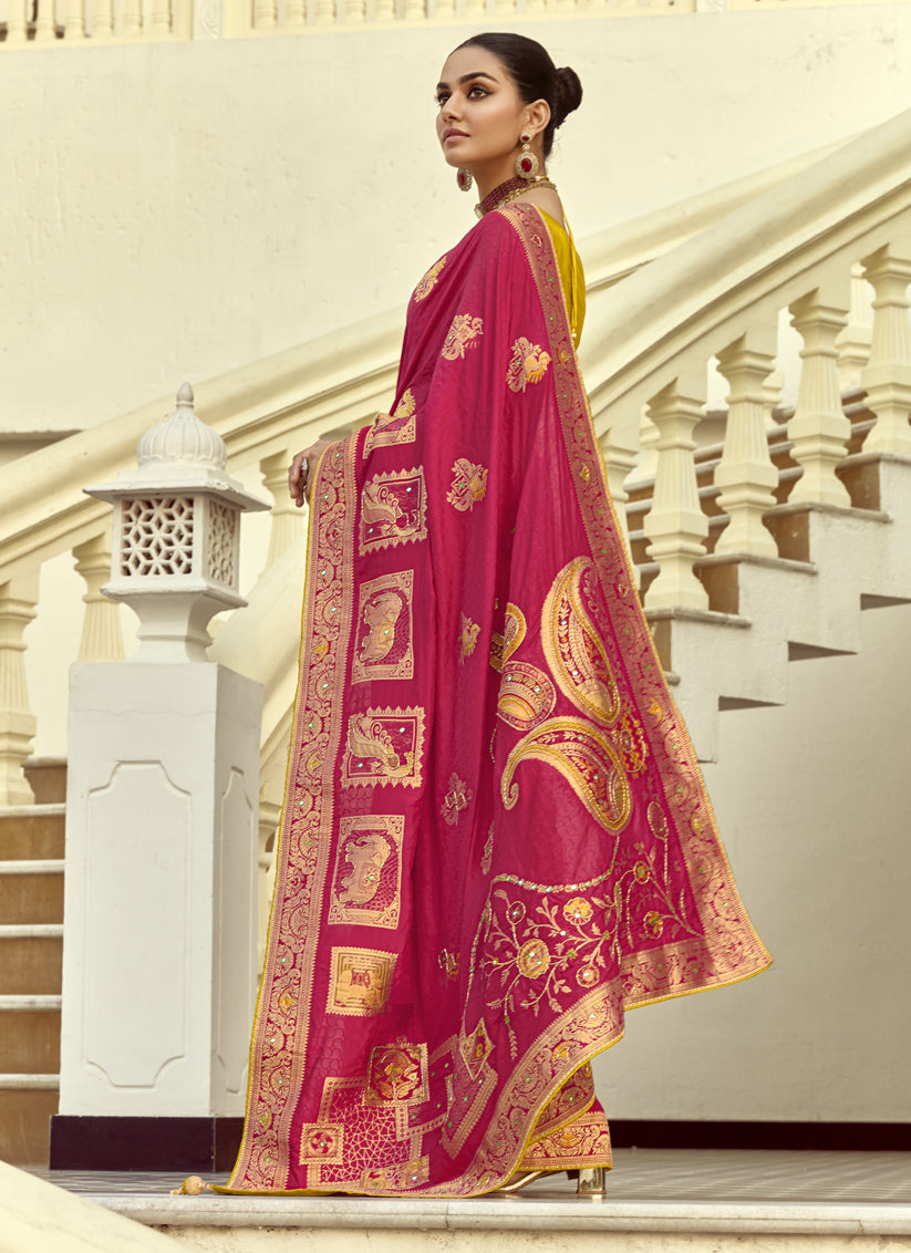 Fabulous Rani Pink Dola Silk Handwork Wedding Saree