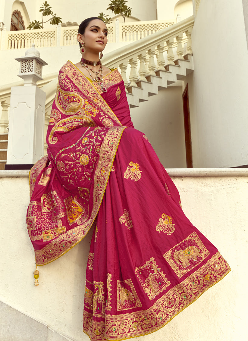 Fabulous Rani Pink Dola Silk Handwork Wedding Saree