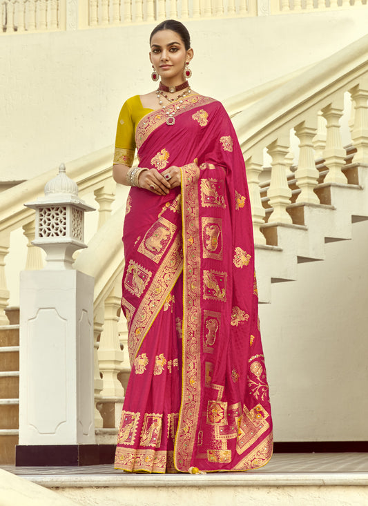 Fabulous Rani Pink Dola Silk Handwork Wedding Saree