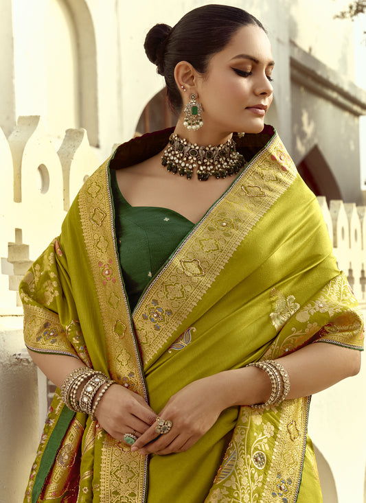 Outstanding Chartreuse Green Dola Silk Handwork Wedding Saree