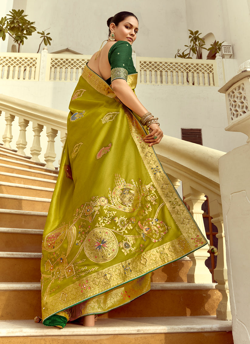 Outstanding Chartreuse Green Dola Silk Handwork Wedding Saree