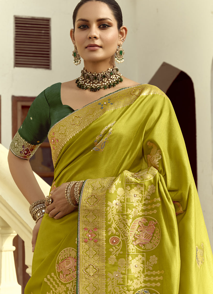 Outstanding Chartreuse Green Dola Silk Handwork Wedding Saree