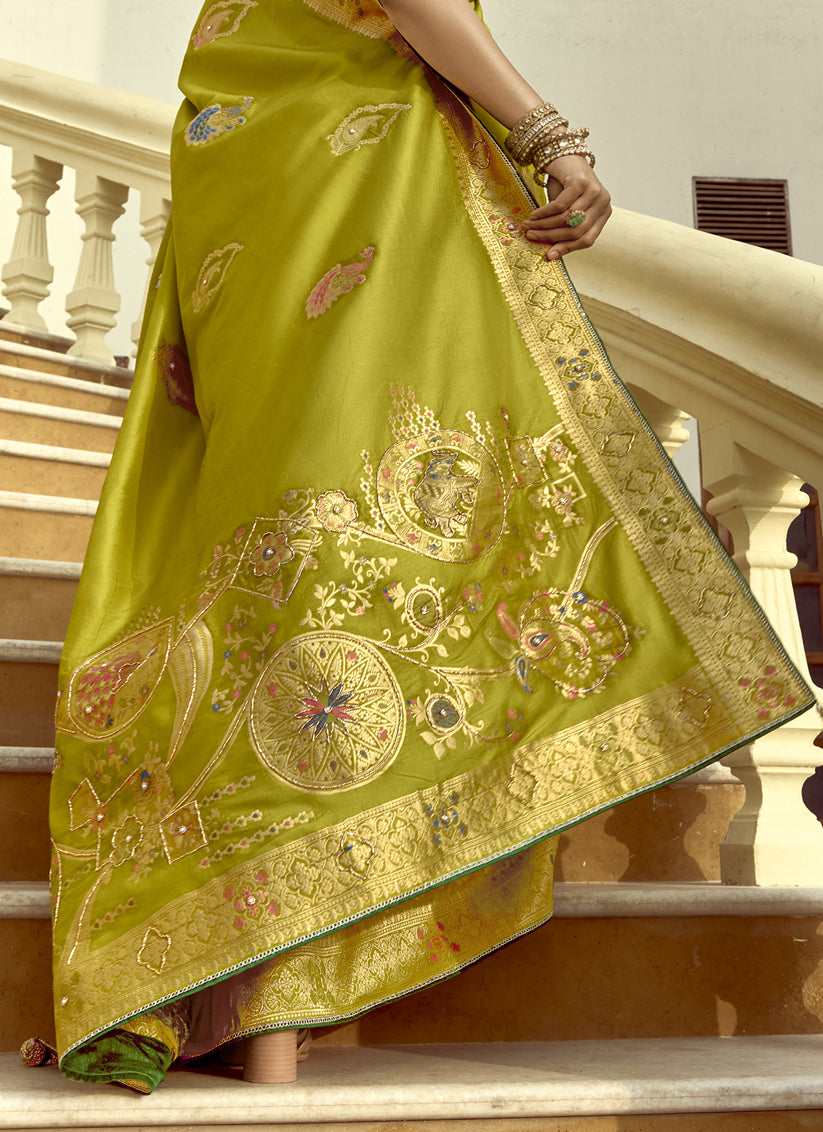 Outstanding Chartreuse Green Dola Silk Handwork Wedding Saree