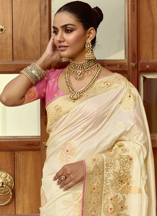 Exquisite Off White Dola Silk Handwork Wedding Saree