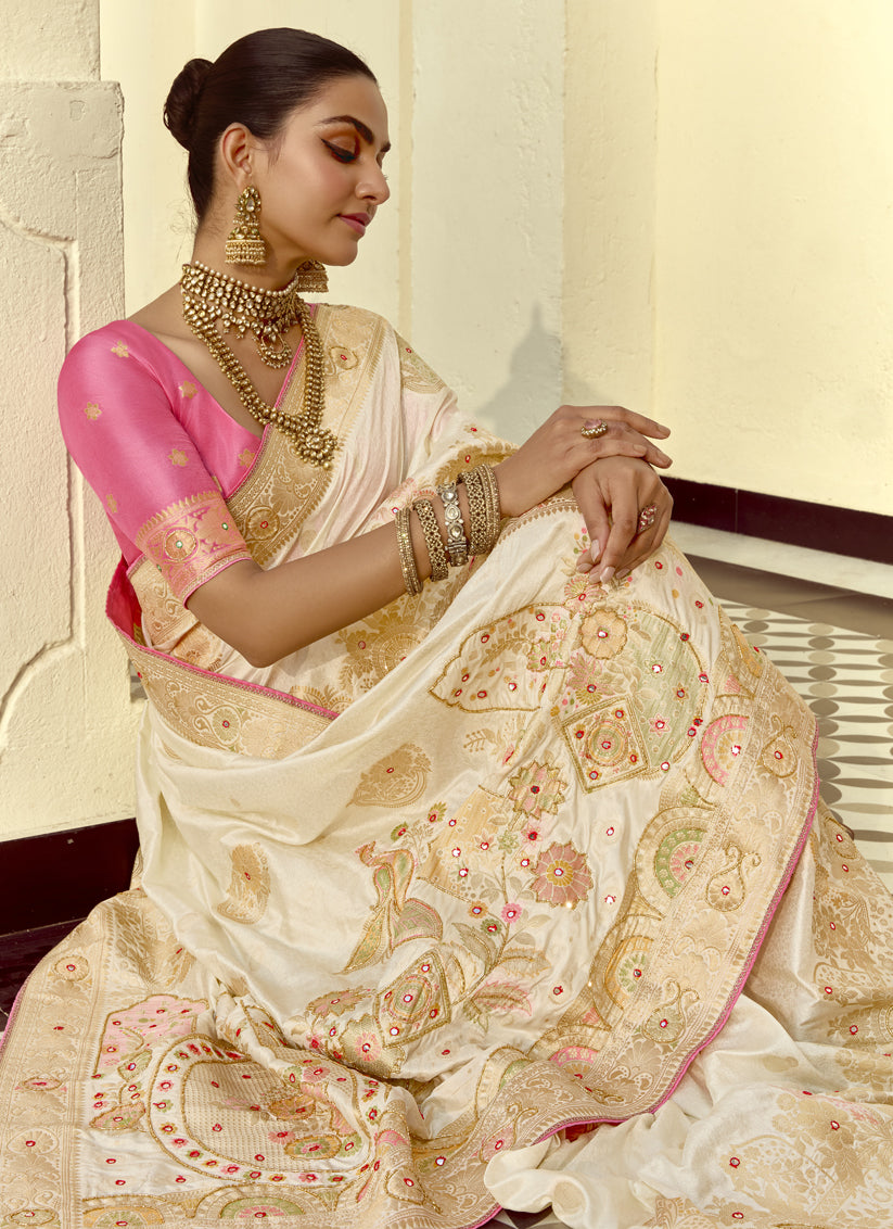 Exquisite Off White Dola Silk Handwork Wedding Saree