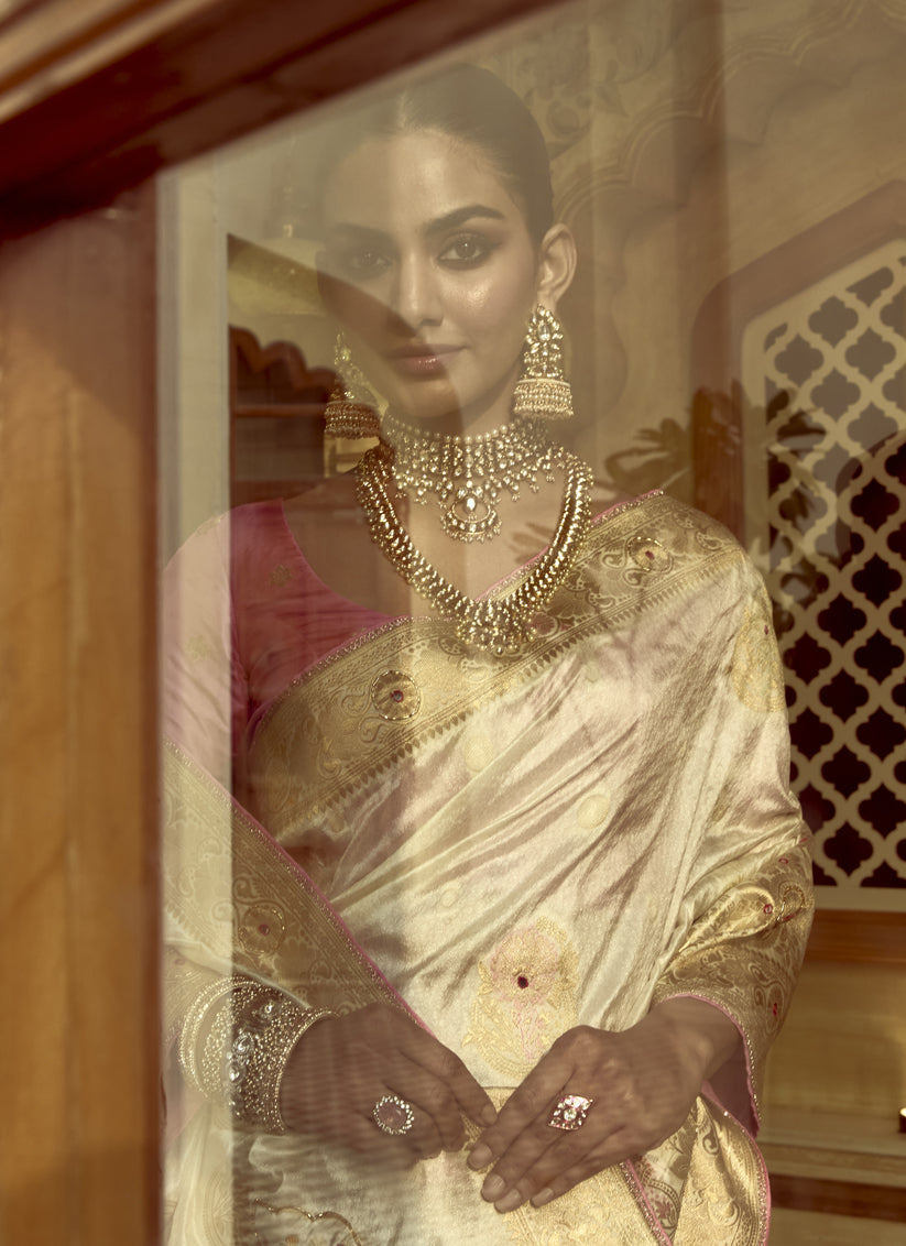 Exquisite Off White Dola Silk Handwork Wedding Saree