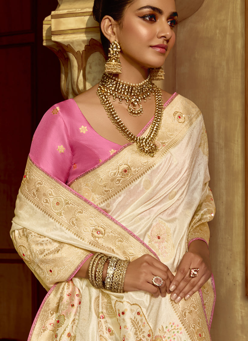 Exquisite Off White Dola Silk Handwork Wedding Saree