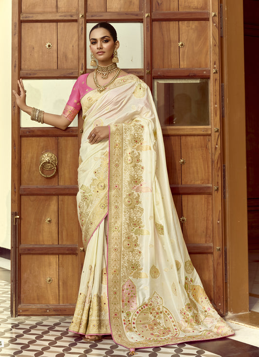 Exquisite Off White Dola Silk Handwork Wedding Saree