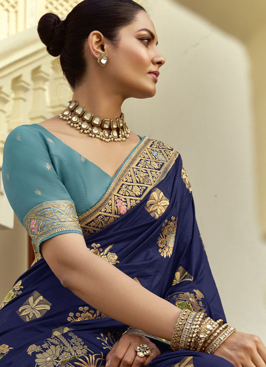 Sophisticated Navy Blue Dola Silk Handwork Wedding Saree