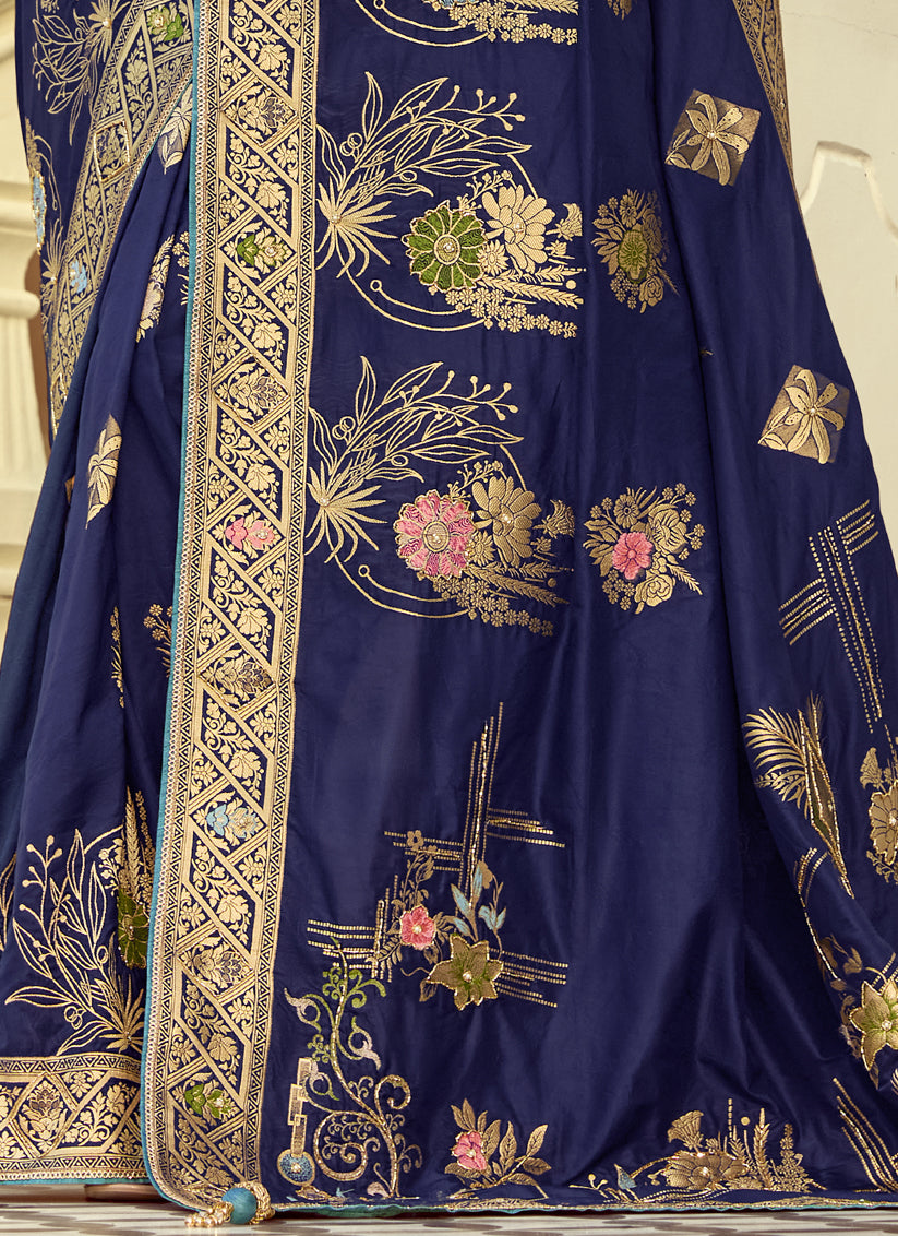 Sophisticated Navy Blue Dola Silk Handwork Wedding Saree