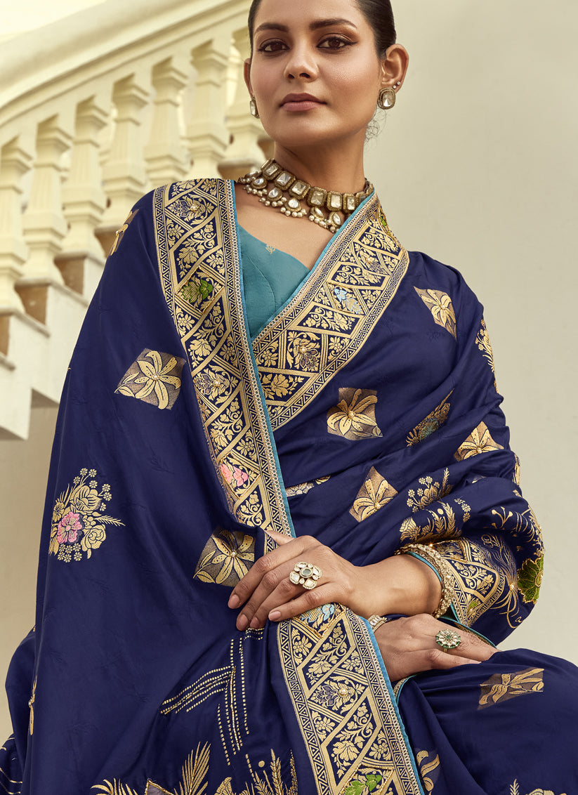 Sophisticated Navy Blue Dola Silk Handwork Wedding Saree