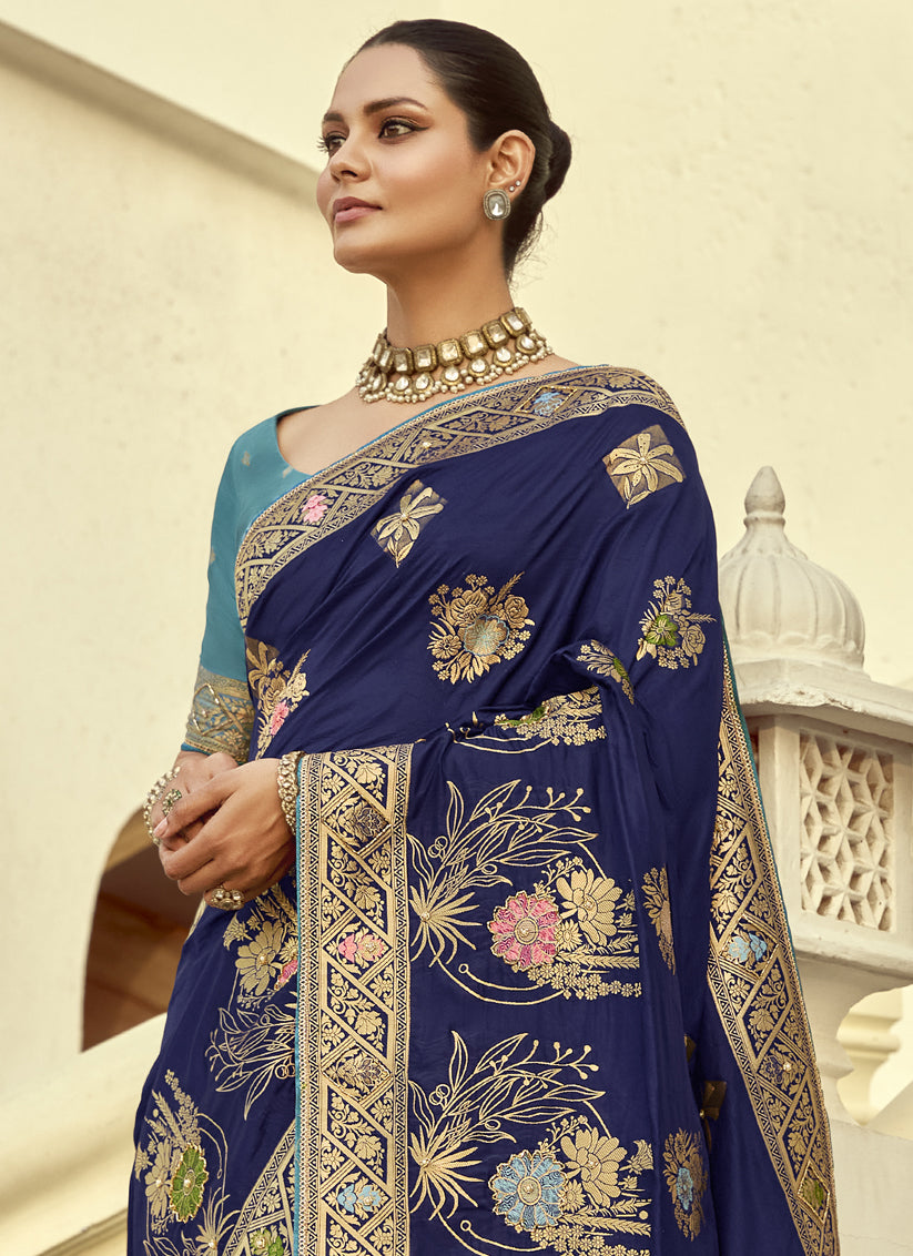 Sophisticated Navy Blue Dola Silk Handwork Wedding Saree