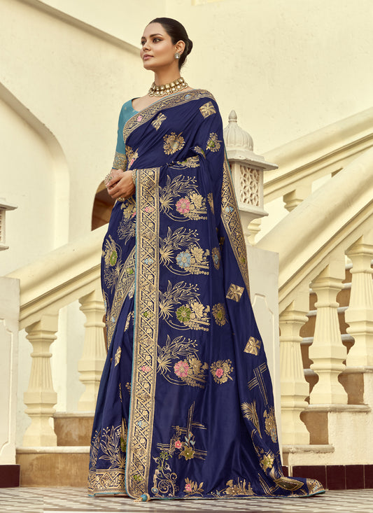 Sophisticated Navy Blue Dola Silk Handwork Wedding Saree