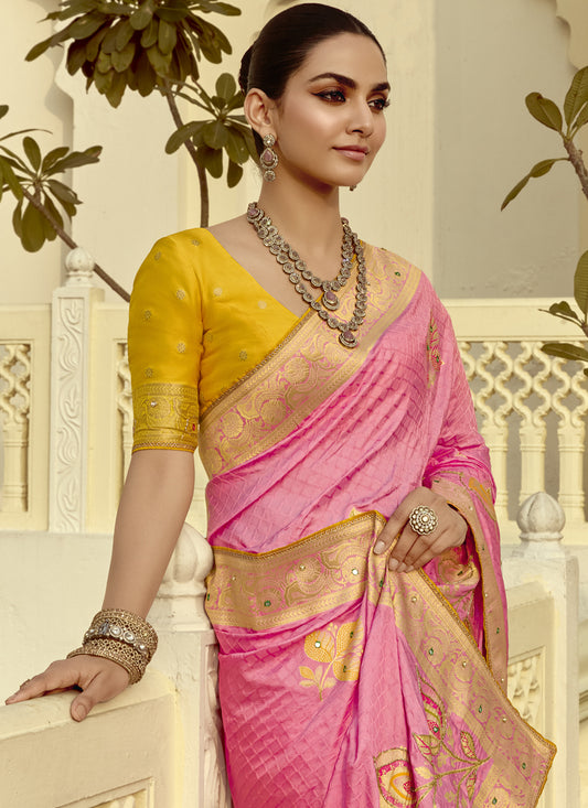 Impeccable Cherry Pink Dola Silk Handwork Wedding Saree