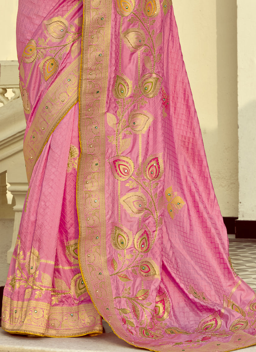 Impeccable Cherry Pink Dola Silk Handwork Wedding Saree