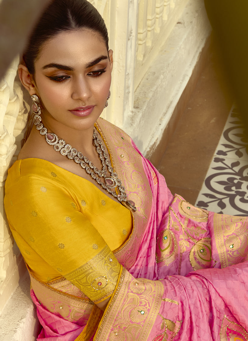 Impeccable Cherry Pink Dola Silk Handwork Wedding Saree