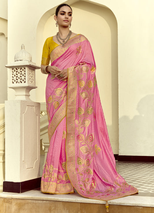 Impeccable Cherry Pink Dola Silk Handwork Wedding Saree