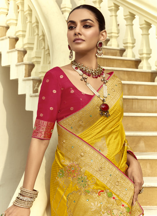 Flawless Sunny Yellow Dola Silk Handwork Wedding Saree