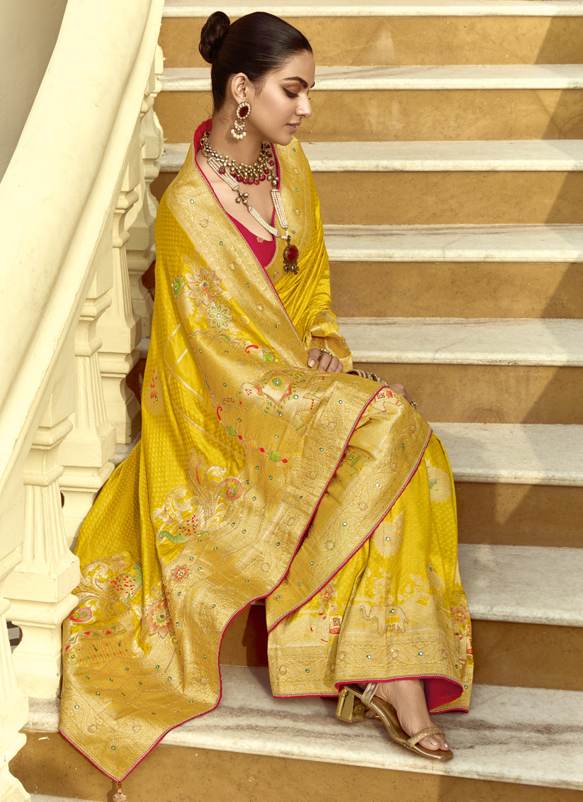 Flawless Sunny Yellow Dola Silk Handwork Wedding Saree