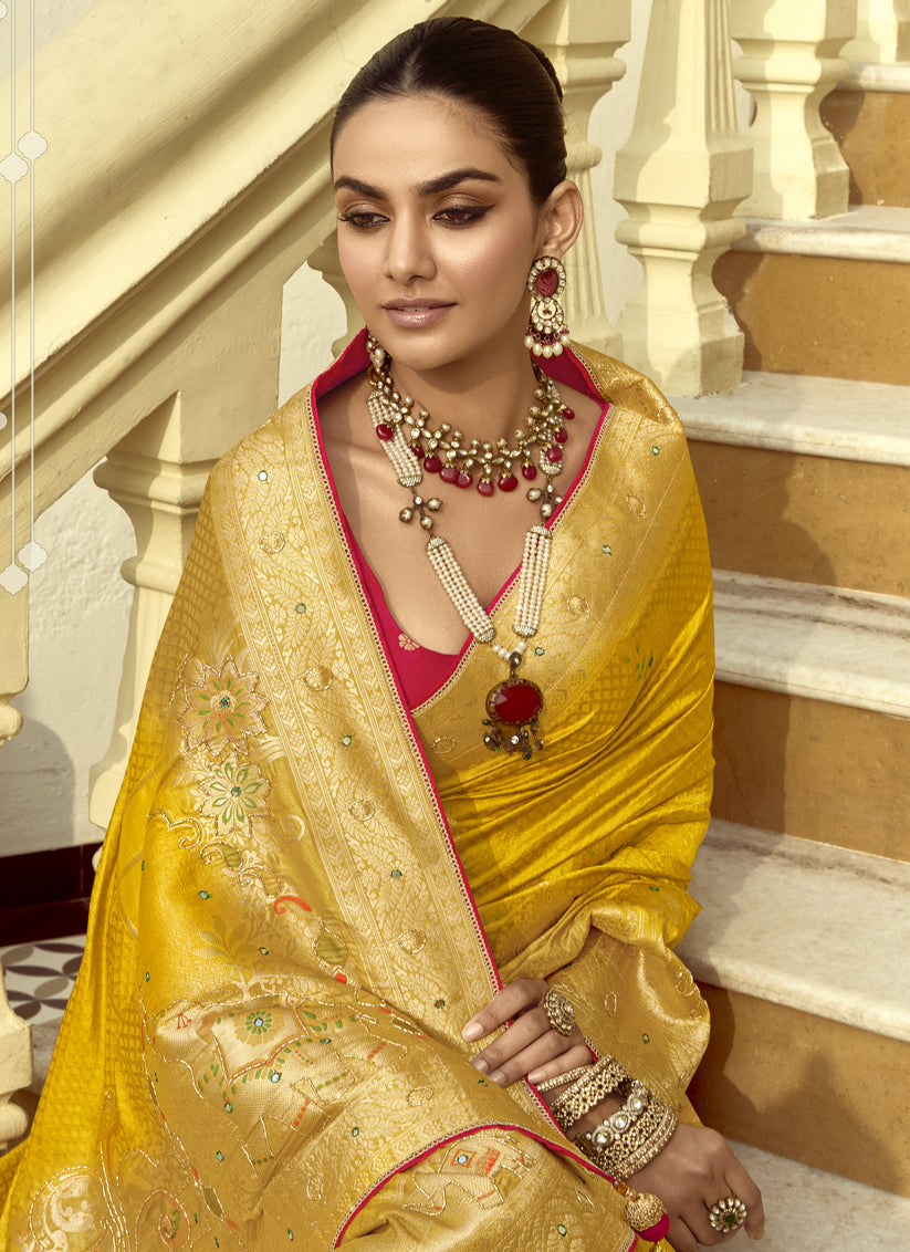 Flawless Sunny Yellow Dola Silk Handwork Wedding Saree