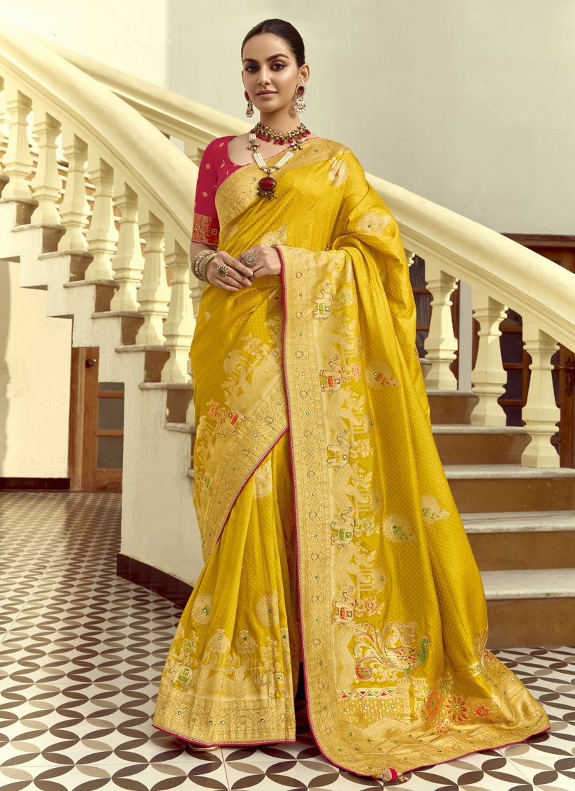 Flawless Sunny Yellow Dola Silk Handwork Wedding Saree