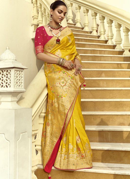 Flawless Sunny Yellow Dola Silk Handwork Wedding Saree