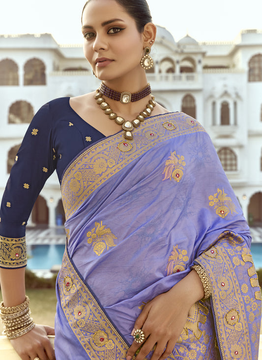 Graceful Lavender Dola Silk Handwork Wedding Saree