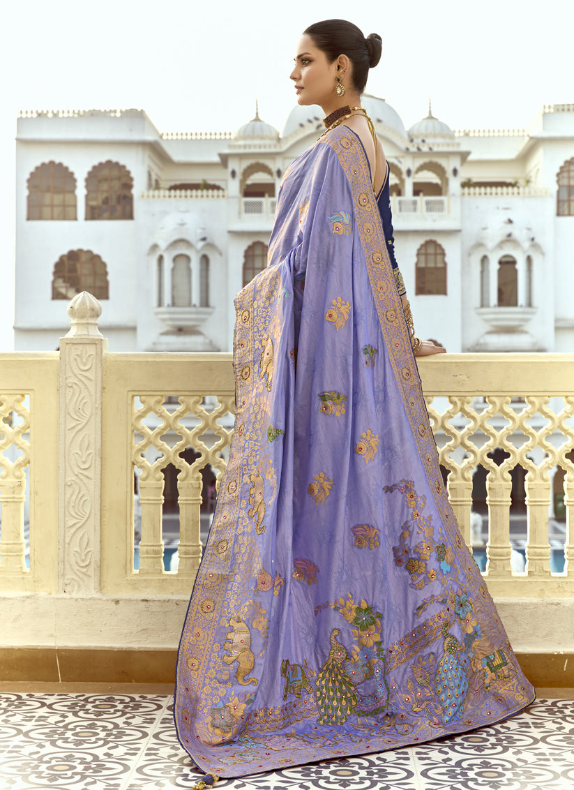 Graceful Lavender Dola Silk Handwork Wedding Saree