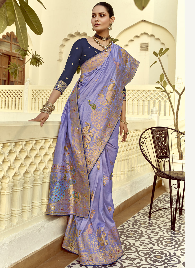 Graceful Lavender Dola Silk Handwork Wedding Saree